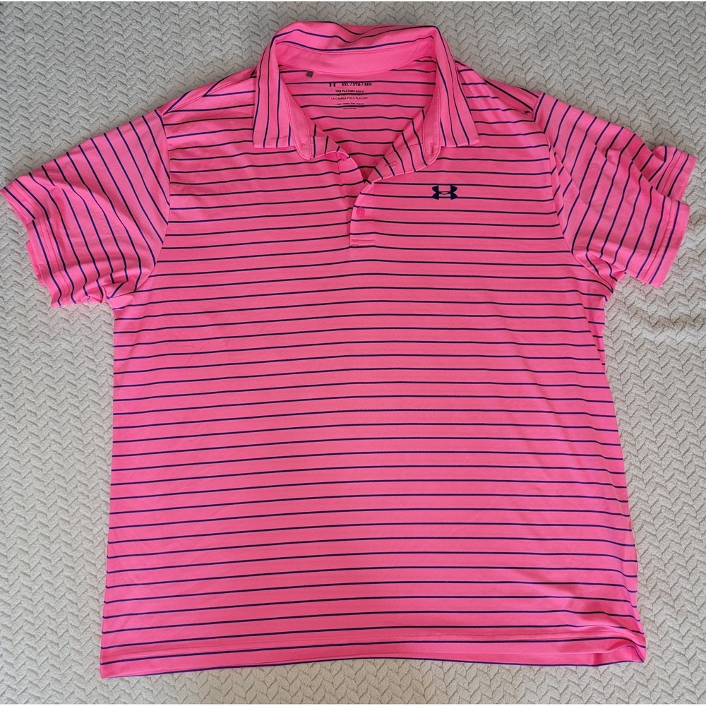 Under Armour The Playoff Polo 3XL Pink with Dark Blue Stripes Loose Fit